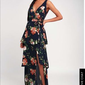 Navy blue floral print tiered wrap maxi dress